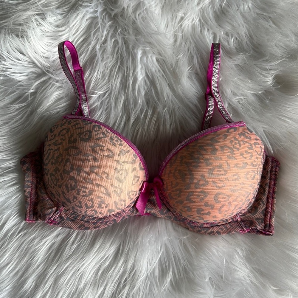 tarea pink leopard print push-up bra with silver metallic straps size 34C